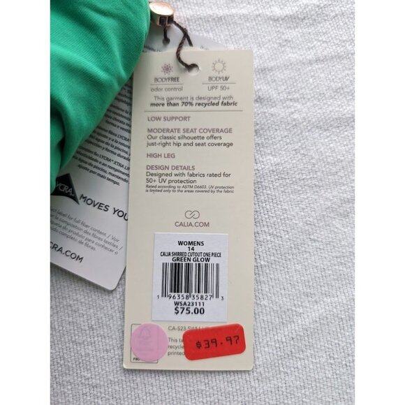 Women's CALIA Shirred Cutout One Piece Swimsuit Size 14 Green Glow Beach NEW - Picture 4 of 6